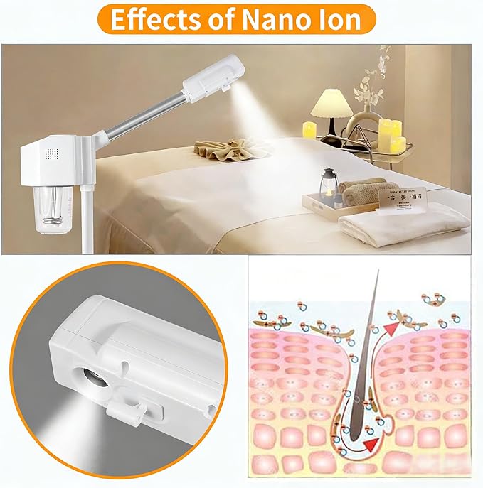 Professional Facial Steamer, Hot Mist Spray, Vaporizador Facial Steamer for Esthetician, Height Adjustable, SPA at Home, White