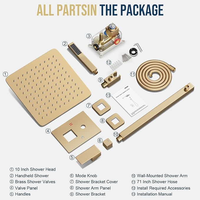 FPXRNG Gold Shower Faucet Set, Rainfall Shower System with Rain Shower Head and Handle Set, Wall Mounted Shower Fixtures, Full Metal Trim Repair Kit 10 inch Paint Gold (With Shower Valve)