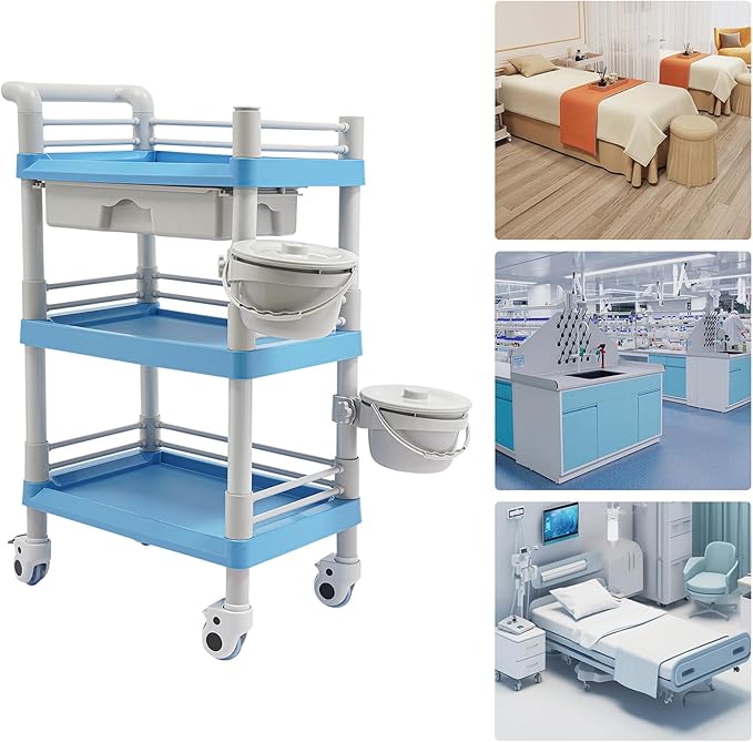 Salon Storage Cart, 3 Tier Rolling Beauty Organizer with 2 Garbage Baskets & 1 Drawer, 80kg/176.37lbs Capacity, Movable Storage Trolley for Beauty Salon SPA (Blue)