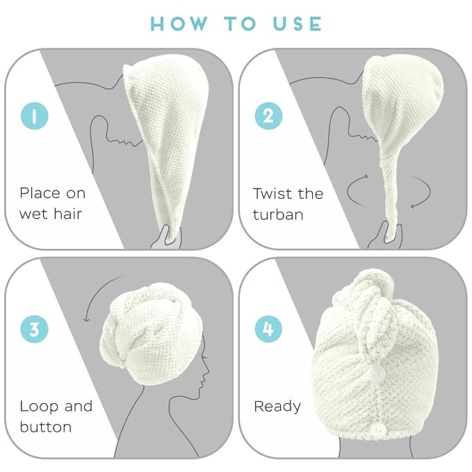 SimpleField 2 Pack Microfiber Hair Towel Wrap for Women, Anti Frizz Quick Drying Hair Turban for All Hair Style, Absorbent and Lightweight (Ivory)
