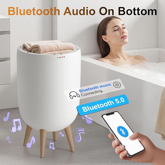 25L Towel Warmers for Bathroom, Luxury Rapid Heating Towel Warmer Bucket with Timer, Bluetooth Speaker, Mood Lights, Portable Removable Legs, Fits Two 40"x70", Blankets, Bathrobes