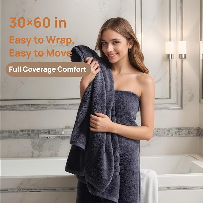 Bath Towels 4 Pack, 30 x 60 Inches, Large 100% Cotton Towels, Soft, Absorbent, Comfortable for Home, Spa, and Gym, (Gray)