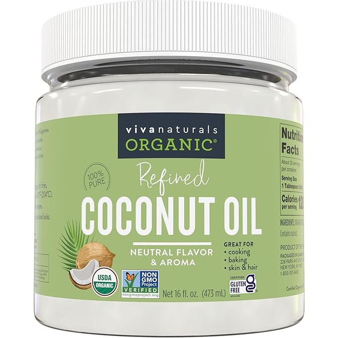 Viva Naturals Refined Coconut Oil, 16 fl oz – Expeller-Pressed, USDA Organic, Neutral Flavor & Aroma, Ideal for Cooking, Baking, Hair & Skin Moisturizer