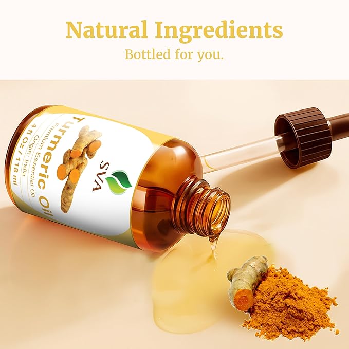 SVA Turmeric Essential Oil – 4 Fl Oz – 100% Natural Turmeric Oil - for Diffuser, Hair Care, Face, Skin Care, Aromatherapy, Scalp and Body Massage, Soap and Candle Making – with Dropper