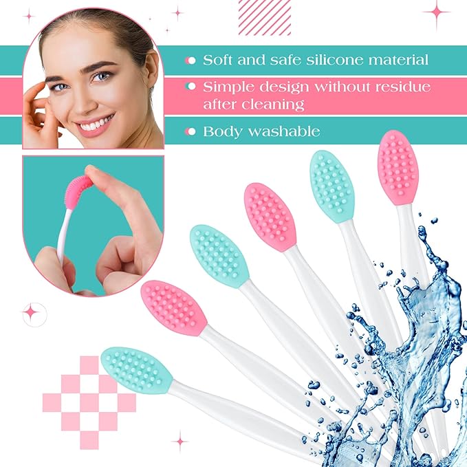 Patelai 24 Pcs Lip Scrub Brush Silicone Lip Scrubber Exfoliator with Container Double Sided Soft Cleansing Brush Tool for Men Women Lightening Dark Lips(Pink, Green)