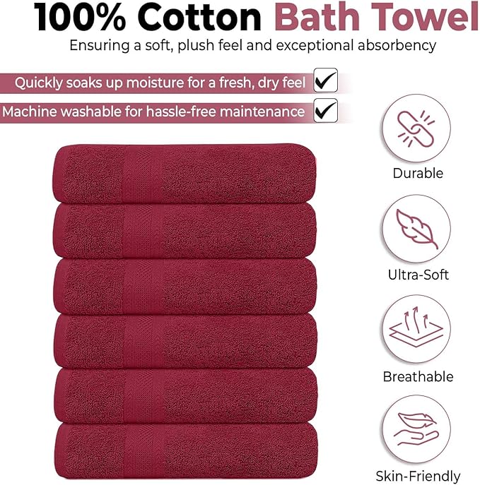 KAHAF COLLECTION 6 Pack Bath Towels Set (27 x 54 Inches) 100% Ring Spun Cotton, Lightweight, Quick Dry, Highly Absorbent Towels (Burgundy, (27x54) Inches)