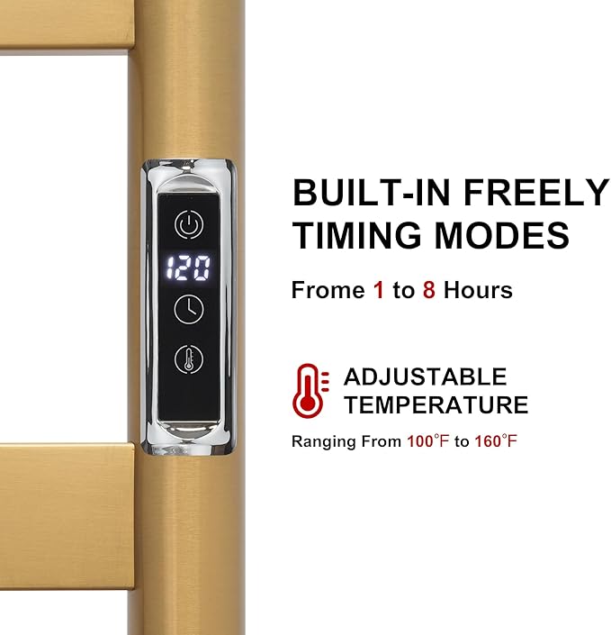 Heated Wall Mounted Electric Towel Warmer Rack,Timer & Temperature Control, 8 Bar Stainless Steel Towel Heater for Bathroom, Brushed Gold, Plug-in(27.56x19.69x4.41in)