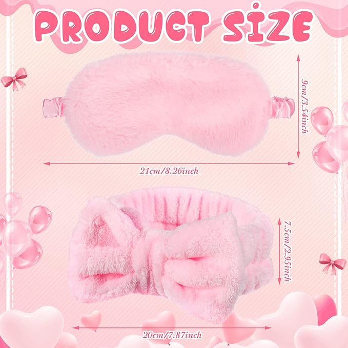 Jexine 24 Pcs Spa Slumber Party Headband Plush Sleep Eye Mask Bulk Bow Hair Band Makeup Headband for Sleepover Birthday Party Supplies Graduation Mother's Day Gift(Pink)