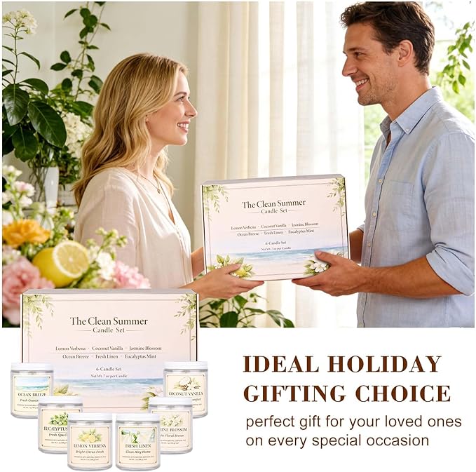 Scented Candles Gift Set for Women, 6 Pack Aromatherapy Soy Candles for Home, Coconut Vanilla, Lemon Verbena, Fresh Linen, Ocean Breeze, Eucalyptus Mint & Jasmine Blossom