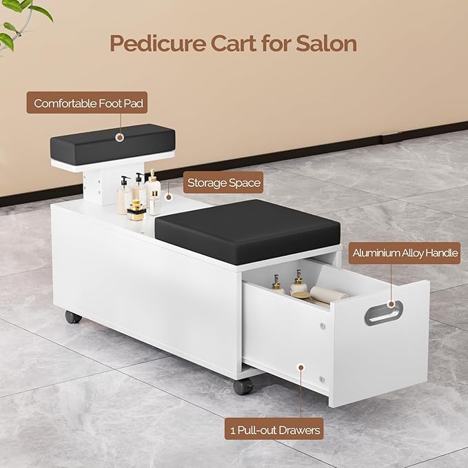 OmySalon Pedicure Cart, Foot Bath Trolley with Storage Drawer & Foot Rest, Pedicure Chair Stool for Esthetician Manicure & Foot Massage, Beauty Spa Salon with Locking Wheels, White