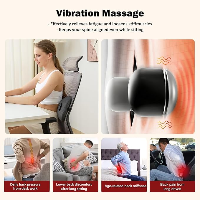 3-in-1 Rechargeable Smooth Triple Fusion Back Massager with Heat, Vibration, Traction, Electric Lumbar Support Pillow for Sleeping, Office, Car, Home