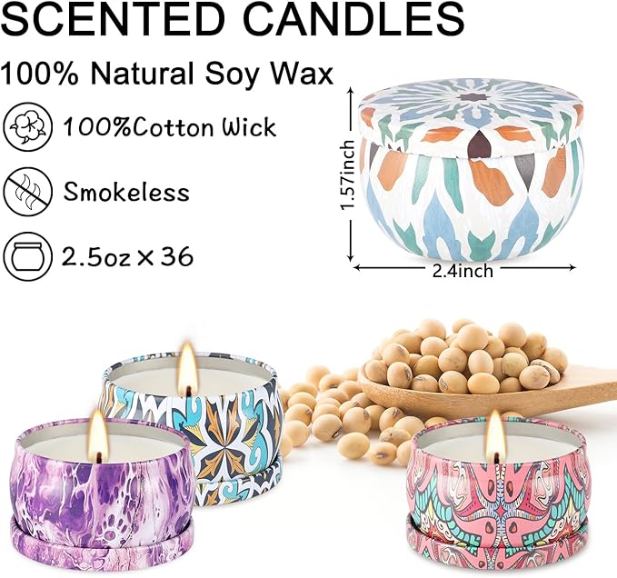 YOROXRG 36 Pack Multicolored Scented Candles Gifts Soy Wax Travel Tin Jar Candles for Home 2.5 OZ for Mom,Christmas, Home Scented Decoration Birthday, Thanksgiving, Mother's Day(Color: Brown)