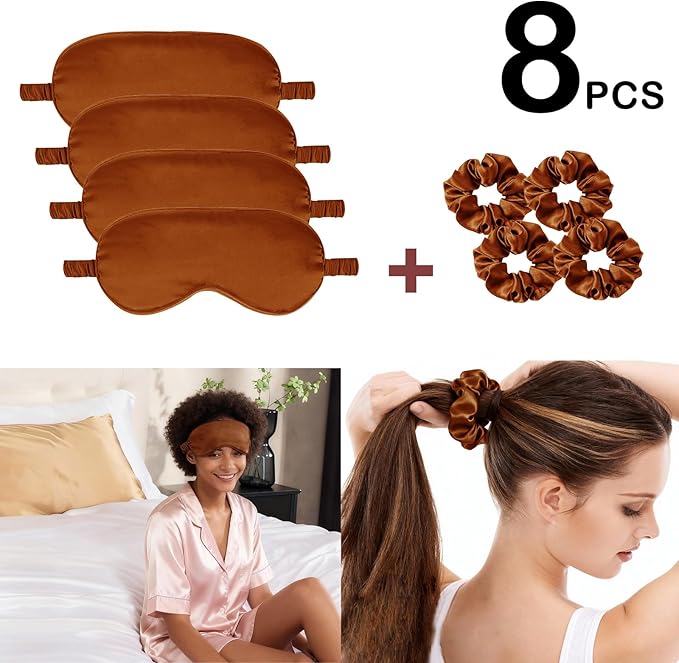 Satin Eye Mask 8Pcs Silk Sleep Masks Silky Blindfold Eyeshade Blackout Eyes Cover Scrunchies Hair Ties Travel Wedding Gifts