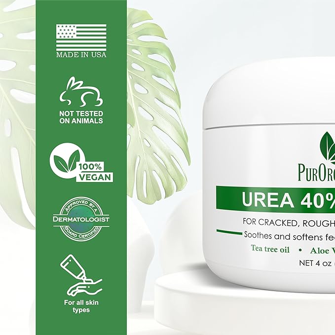 PurOrganica Urea Cream 40% – Made in USA, Maximum Strength Foot Cream for Dry, Cracked Heels, Corns, Calluses & Rough Feet, Exfoliating Moisturizer - Pack of 2