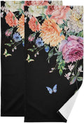 Peony Floral Black Hand Towels for Bathroom Set of 2,Vintage Blooming Flower Butterfly Bouquet Decorative Bathroom Towels for Bath,Face,Hair,Soft Absorbent Dish Towels for Kitchen 28"x14"
