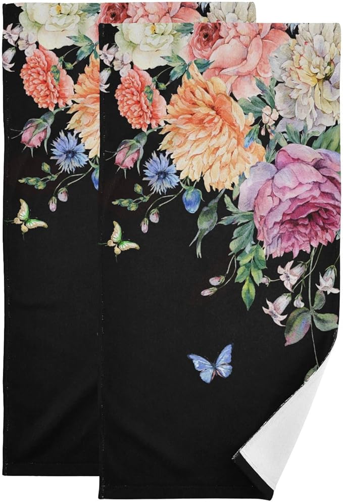 Peony Floral Black Hand Towels for Bathroom Set of 2,Vintage Blooming Flower Butterfly Bouquet Decorative Bathroom Towels for Bath,Face,Hair,Soft Absorbent Dish Towels for Kitchen 28"x14"