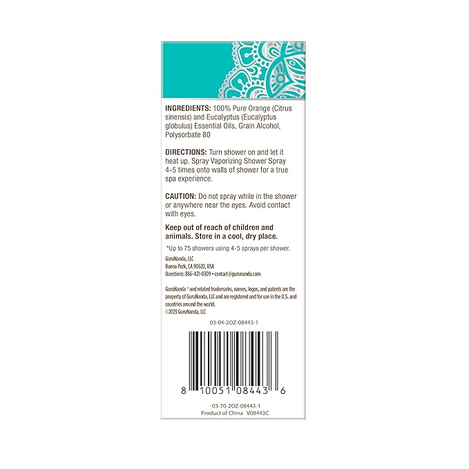 GuruNanda Uplift Vaporizing Shower Spray - 100% Natural Spa Mist with Orange & Eucalyptus to help with Mood Enhancement & Aid in Congestion (2 Fl Oz)