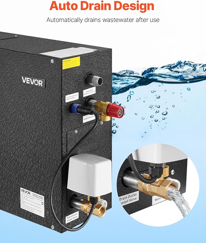 VEVOR Steam Generator, 6 kW Steam Shower System with Controller for Home Sauna & Spa, Commercial Auto Drain Kit with Overheat, Dry-Run & Overpressure Protection, 10min to 24h Timer, Black