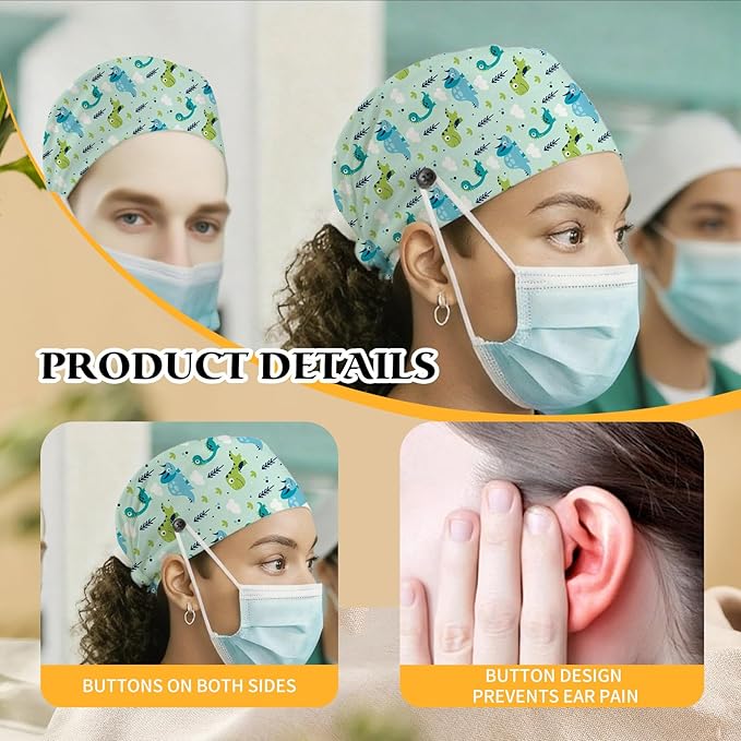 Adjustable Scrub Cap with Buttons & Sweatband, Working Hat with Elastic Tie Back, Unisex Nurse Surgical Caps for Women & Men