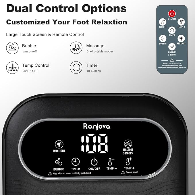 Ranjova Collapsible Foot Spa Electric Rotary Massage, Foot Bath with Remote Control, Heat, Bubble, Temp Control, and 24 Motorized Shiatsu Massage Balls, Pedicure Foot Spa Tub for Stress Relief (Black)