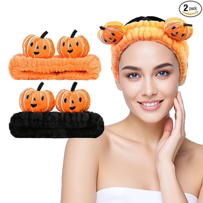 Spa Headband for Washing Face, 2 Pack Cute Halloween Hair Band for Shower Yoga Beauty, Fluffy Makeup Headband, Kawaii Facial Headbands for Woman Girls, Orange+Black Pumpkin