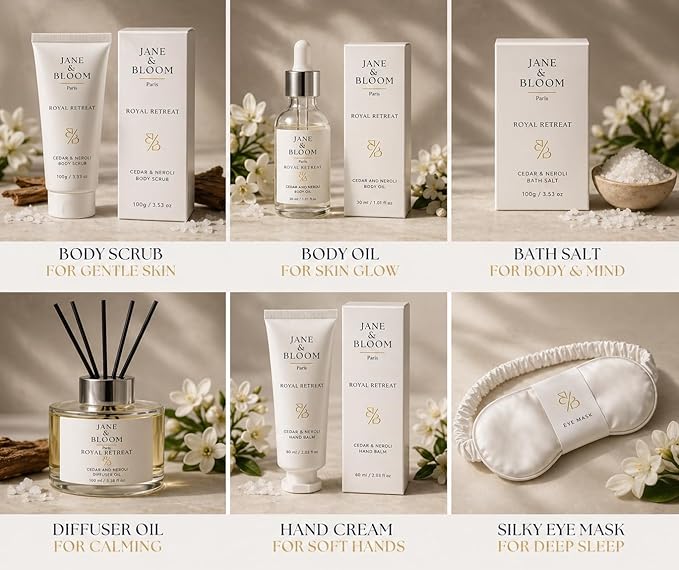 Royal Retreat Luxury Spa Gift Box for Women, Cedar & Neroli Bath and Body Gift Set, Relaxing Home Spa Kit with Bath Salt, Body Scrub, Body Oil, Hand Cream, Eye Mask, Mothers Day Gifts