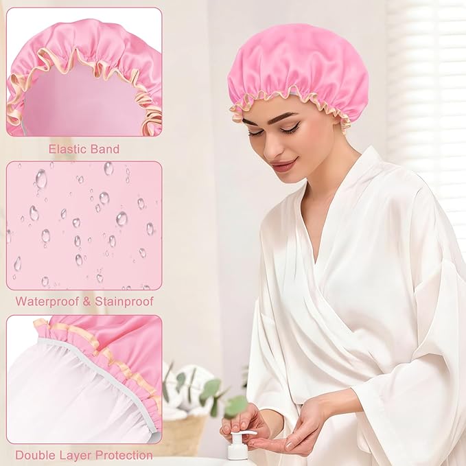 Waterproof Shower Caps for Women, Solid Color Dual-Layer Elastic Band Design Bath Hair Hat, Protects Hair In Shower, Spa, Cooking, Clean & Travel (Pink)