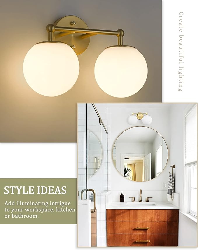 AKEZON Gold Bathroom Light Fixtures, 2-Light Vanity Lights Over Mirror Wall Sconce with Milky White Frosted Glass Shade, Mid Century Farmhouse Vanity Lighting for Bedroom Hallway