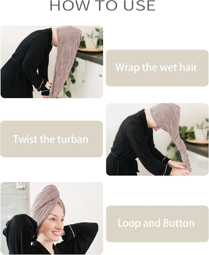 ROLSHOL Extra Large 4 Pack Microfiber Hair Towel Wrap for Women Super Absorbent & Quick Dry Hair Drying Towels with Button, Hair Turbans for Curly Hair Long & Short Hair - Anti-Frizz (Pink Pinstripe)
