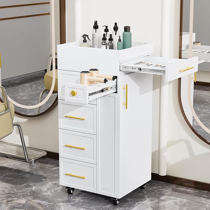 OmySalon Salon Trolley Cart, Hair Styling Station with 5 Drawers, 3 Tool Holders & Adjustable Shelf, Mobile Storage Cabinet Utility Trolley for Barber, Beauty Spa, Home (White)