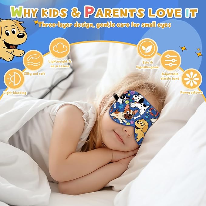 Silk Kids Sleep Mask: 100% Mulberry Silk Eye Mask, Sleeping Masks with Adjustable Strap, Soft & Light-Blocking Printed Kid Eye Cover for Boys Girls Teens Aged 5-15 (Puppy Theme)