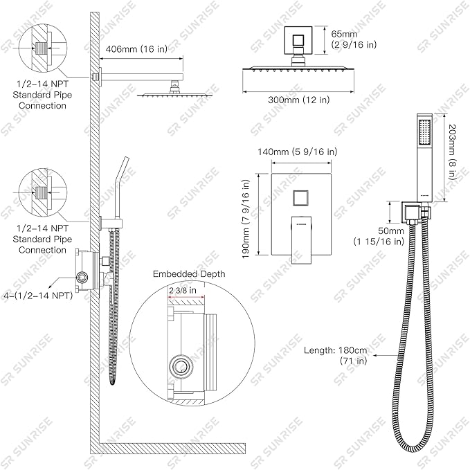SR SUN RISE 12 Inches Bathroom Luxury Rain Mixer Shower Combo Set Wall Mounted Rainfall Shower Head System Brushed Nickel Finish Shower Faucet Rough-In (12 Inch, Brushed Gold)