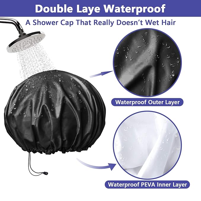 1 PCS Shower Cap, Double Layer & Adjustable Bathing Cap for Shower, Extra Large Reusable Hair Cap for Women, Waterproof Exterior & EVA Lining, Oversized Design for All Hair Lengths/Style