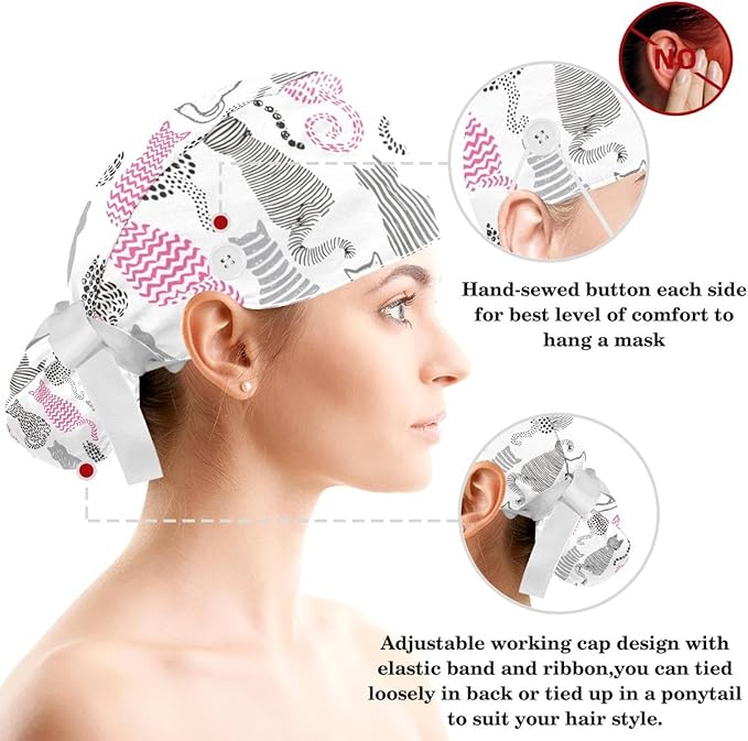 Adjustable Brown Dachshund Dog Blue Surgical Scrub Cap with Button,Sweatband for Women with Bow Hair Scrunchy