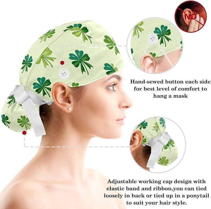 Scrub Caps Women Ponytail Cute Pink and White Leaves Caps Bouffant Working Hat Elastic Tie Back Hats with Button