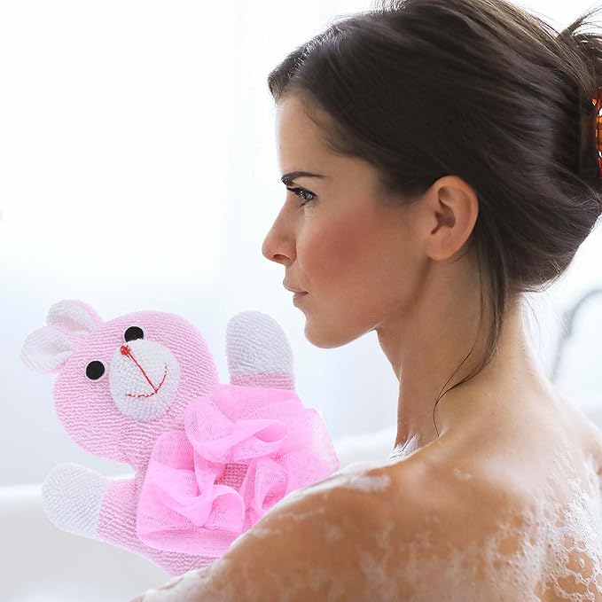 JIEYAO 2 Pcs Bath Mitt Washcloths Gloves, Cute Cartoon Exfoliating Glove Body Scrubber, Gentle Soft Scrub Bath Loofahs Sponges for Shower Wash Cute Design Glove Easy to Lather(Pink Rabbit Yellow Duck)