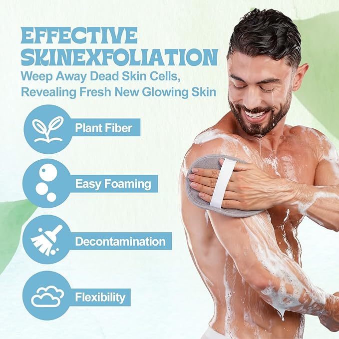 4 PCS Exfoliating Bath Sponges Soft Loofah Shower Scrubber with Elastic Hand Strap for Women Men Gentle Skin Cleansing Body Wash Towel Pouf Pink, Blue, White, Gray