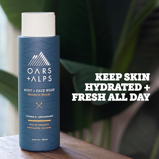 Oars + Alps Body Wash for Men, Mens Body Wash & Face Cleanser with Vitamin E & Antioxidants, Moisturizing, Paraben & Sulfate Free Cleanser, Mandarin Woods, 3pk