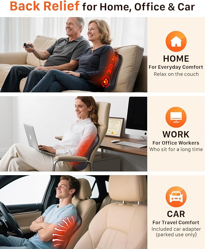 Back Massager for Pain Relief Deep Tissue : Rolling Up and Down, Not Just 4 Fixed Spots, Lower Back Massager with Heat, Shiatsu Kneading Massage for Office Home Car Use