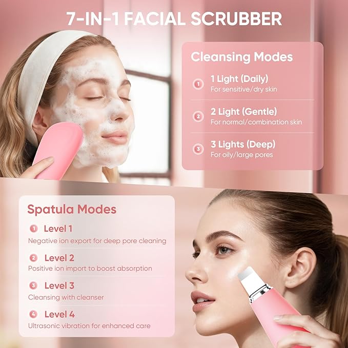 Silicone Face Scrubber Blackhead Scraper Rechargeable 2-in-1 Facial Cleansing Brush & Skin Spatula Duo, IPX7 Waterproof Exfoliating Massager Deep Cleansing for Women and Men(Peachy Pink)