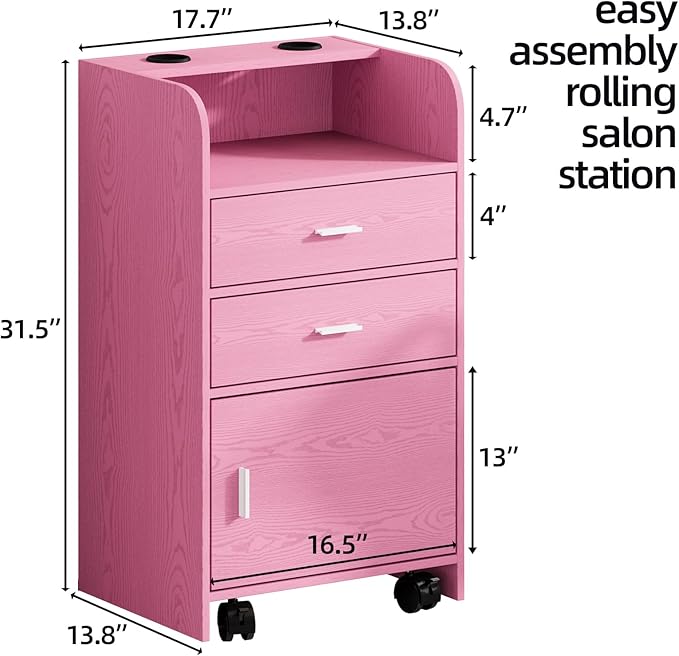 4ever2buy Salon Station for Hair Stylist, Pink Beauty Barber Station, Salon Trolley Cart with Wheels, Mobile Organizer for Salon, Spa, Barbershop, Nail & Beauty Tools, Pink