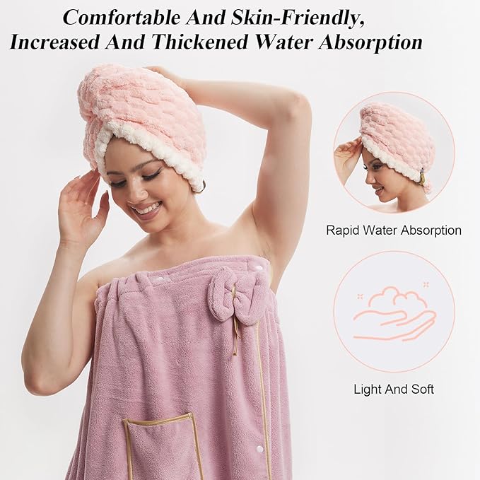 Hair Drying Towels, 19.7x31.5 inch Hair Towels with Elastic Strap, Extra Large Hair Towel Wrap for Women, Super Soft Hair Drying Towels for Long, Thick, Curly Hair, Anti-Frizz Turbans, PINK Color.