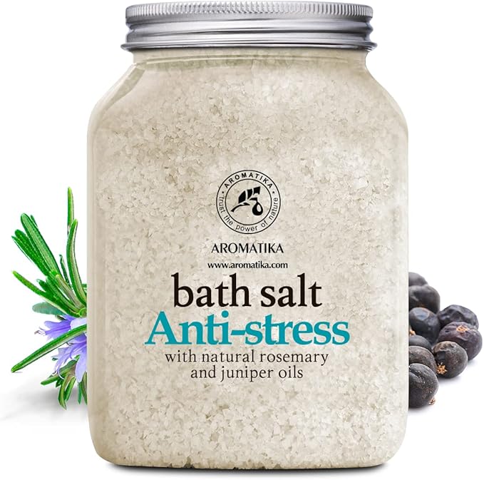 De-Stress Bath Salt 46 Oz - 100% Natural & Pure Salt Essential Oils Rosemary & Juniper - Best for Good Sleep - Relaxing - Calming - Body Care - Beauty - Aromatherapy - Stress Relief