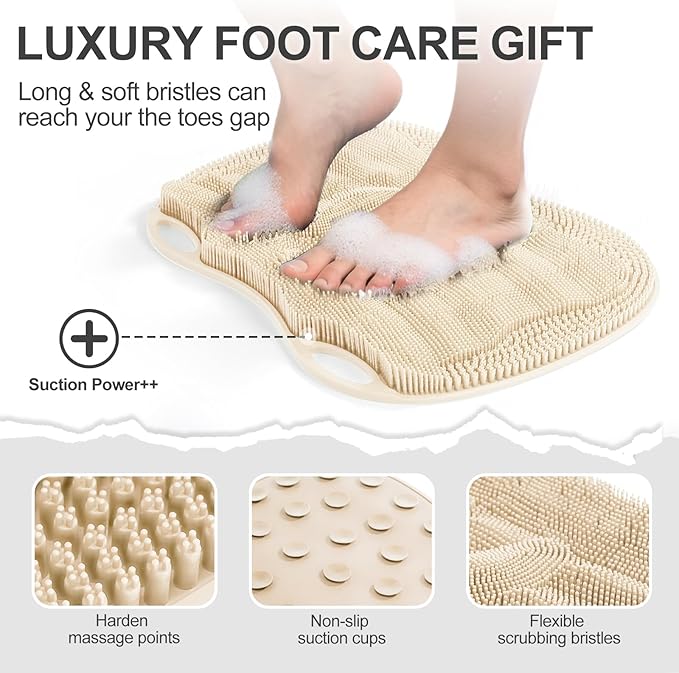 Foot Scrubber Mat in Shower Large for Back Floor Wall Bathtub & Pumice Stone 2 Pack- Foot Spa Bath Feet Scrub Dead Skin Callus Remover Exfoliating Massage Brush Improve Foot Appearance Beige
