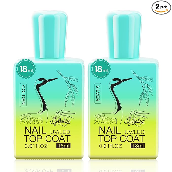 Glitter Gel Top Coat Set, Silver & Gold No Wipe Top Coat Gel Polish, 2 x 15ml Soak Off UV LED, Long Lasting Glitter Gel Nail Art for Home Salon Manicure & Pedicure