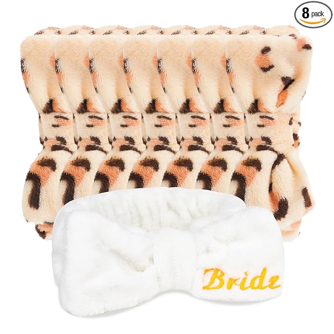CIEHER Spa Headbands for Bachelorette Party Favors, 8 Pcs Leopard Print Spa Headbands for Bride & Bridesmaid, Bachelorette Gifts for Bride's Skincare & Makeup