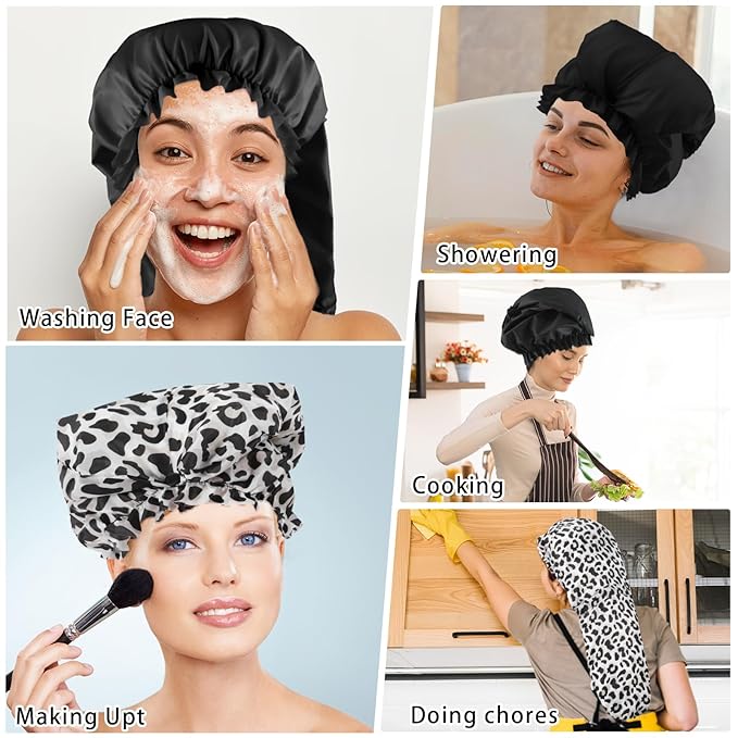 2 Pcs Large Shower Cap for Braids, Extra Long Shower Cap for Women Long Hair & Locs, Waterproof Hair Bonnets for Dreadlocks Drawstring Bath Caps for Women & Men (Black, Cow Print)