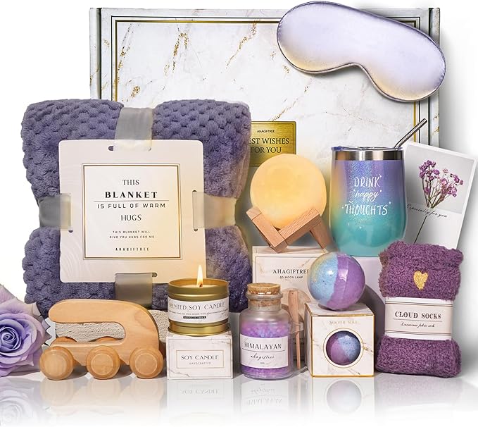 AHAGIFTREE Birthday Gifts for Women,Gift Basket for Women with Moon Lamp,11PC Self Care Gifts,Get Well Soon After Surgery,Relaxing Spa Gifts,Surgery Recovery,Sympathy