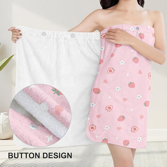 Absorbent Bath Towel Wrap Set for Women, Pink Strawberry Print Towel Wrap After Shower, Microfiber Shower Robe Body Towel Wraps for Women, Quick Dry Hair Towels Wraps for Spa Hotel Beach Girl