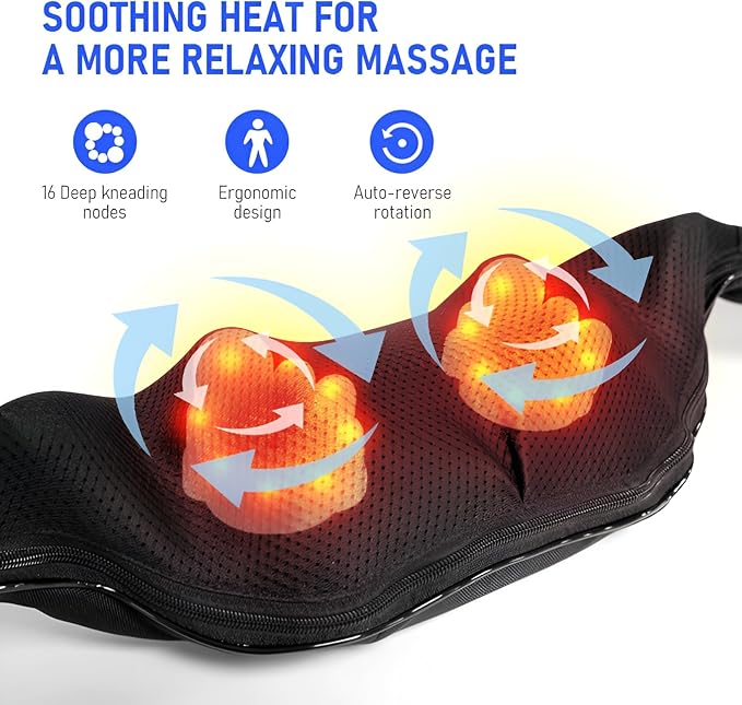 Cordless Neck and Shoulder Massager with Heat - Rechargeable Shiatsu Back Massager for Pain Relief - Deep Tissue Kneading Massage Pillow for Neck, Back, Shoulders, Legs - Gifts for Men & Women